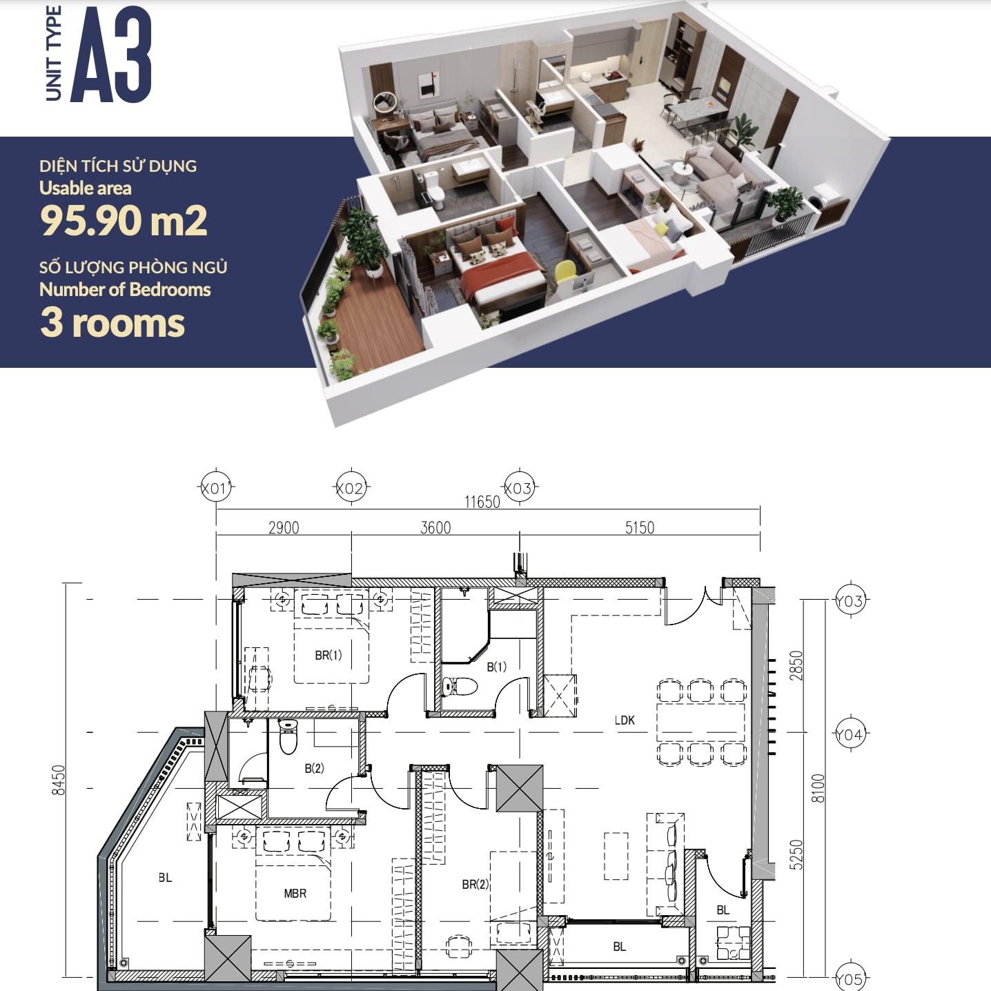 Bản vẽ của căn hộ A3 tại chung cư The Minato Residence